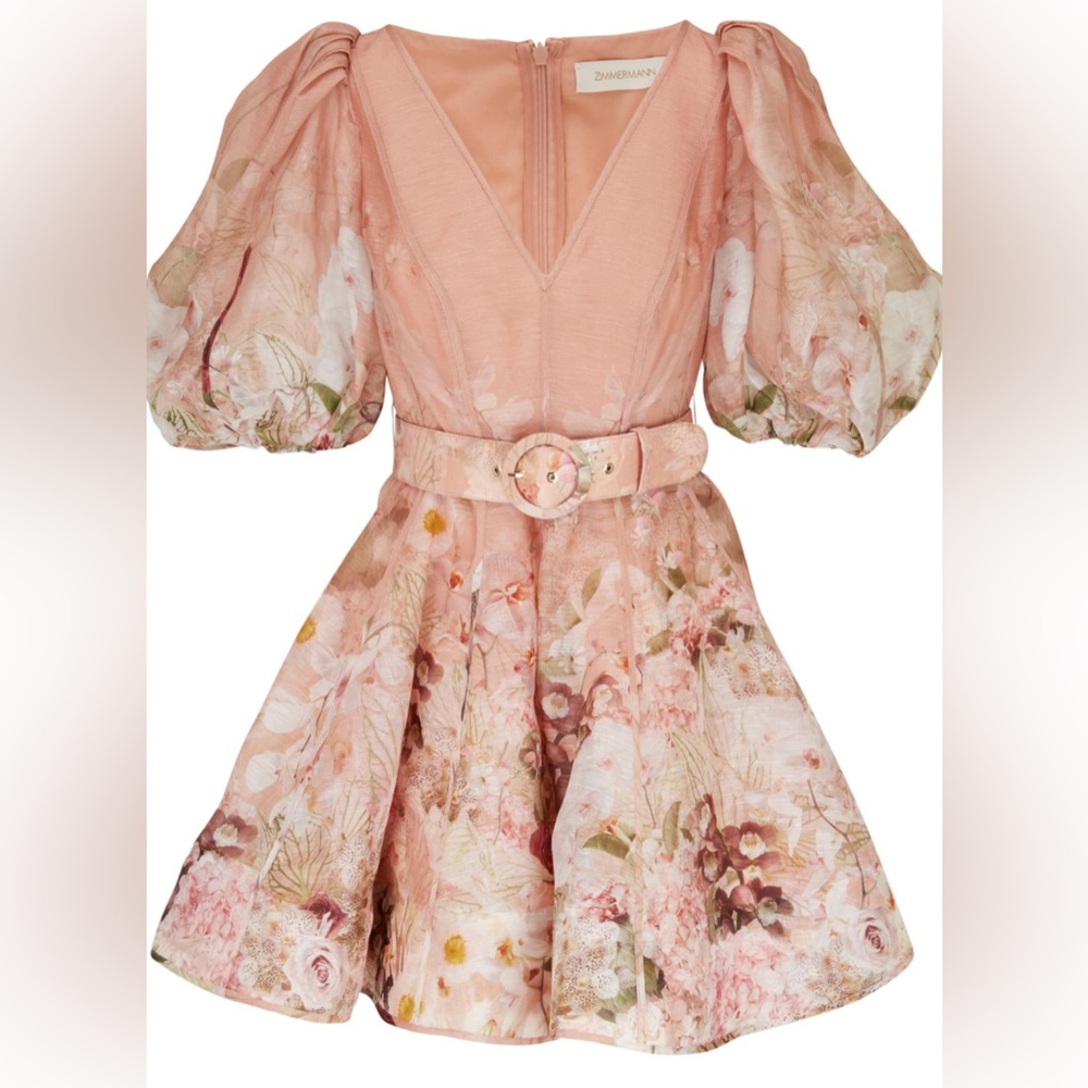 Zimmermann The Dancer Puff Sleeve Floral Blush Dress Size AU2